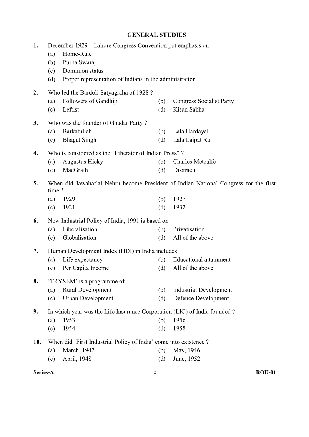 GENERAL STUDIES 1. December 1929 – Lahore Congress