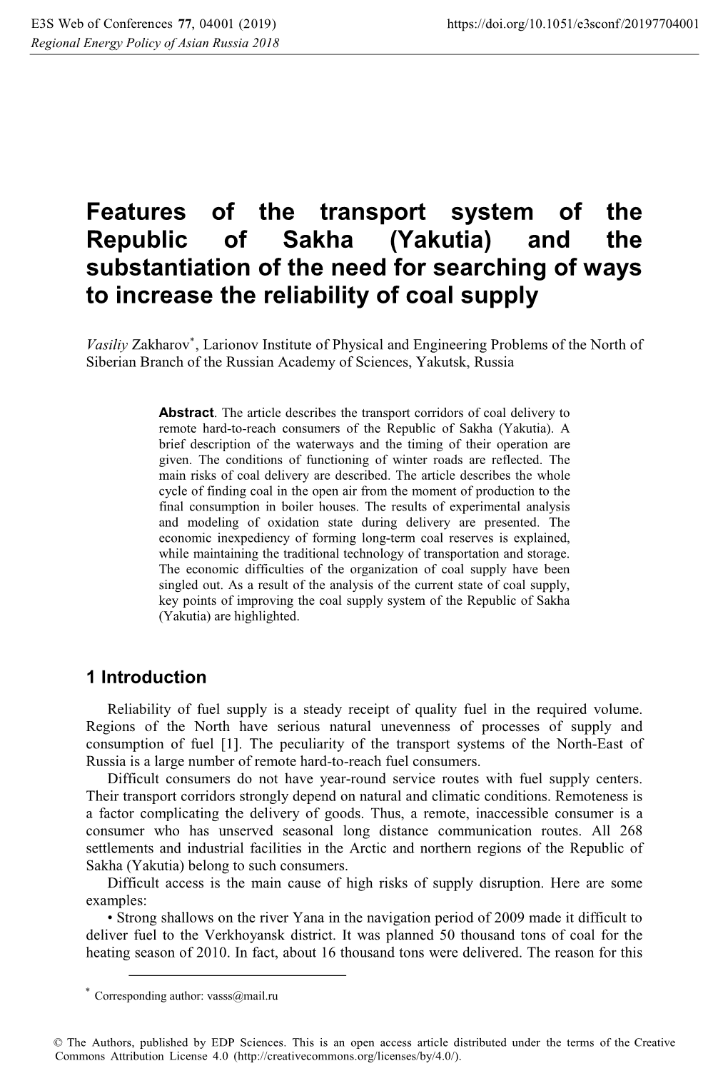 Features of the Transport System of the Republic of Sakha (Yakutia)