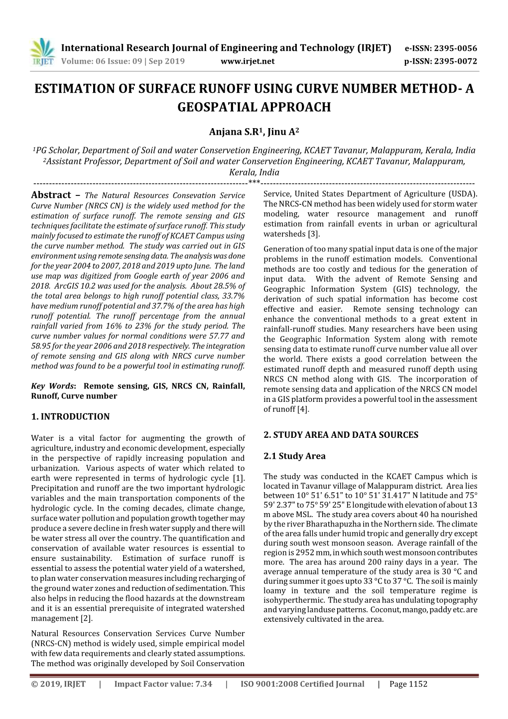 Estimation of Surface Runoff Using Curve Number Method- a Geospatial Approach