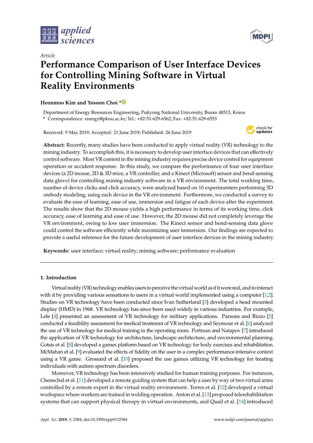 Performance Comparison of User Interface Devices for Controlling Mining Software in Virtual Reality Environments