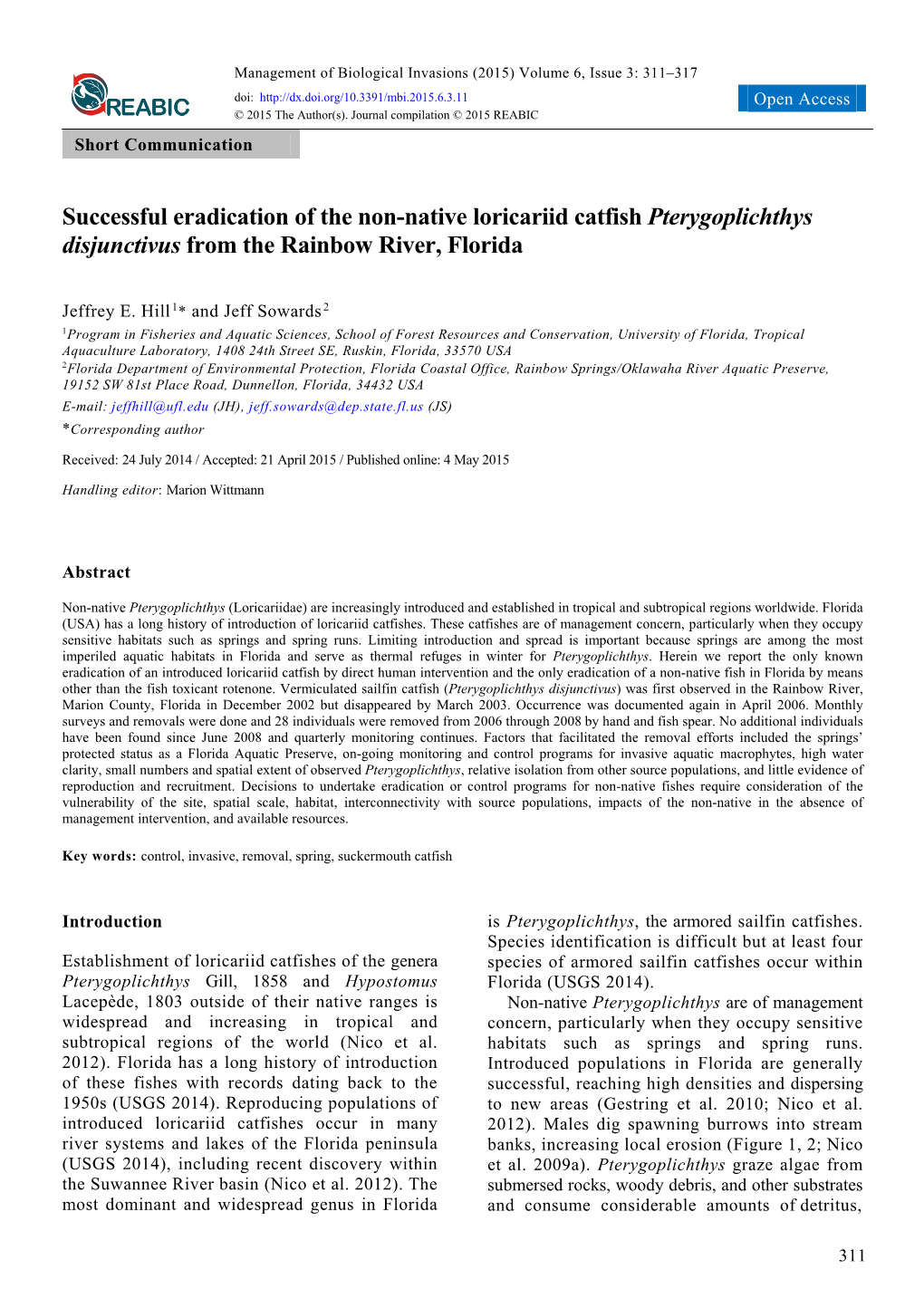 Successful Eradication of the Non-Native Loricariid Catfish Pterygoplichthys Disjunctivus from the Rainbow River, Florida