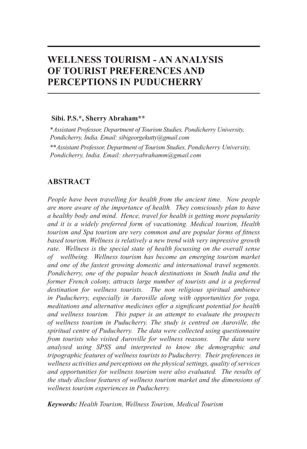 Wellness Tourism - an Analysis of Tourist Preferences and Perceptions in Puducherry