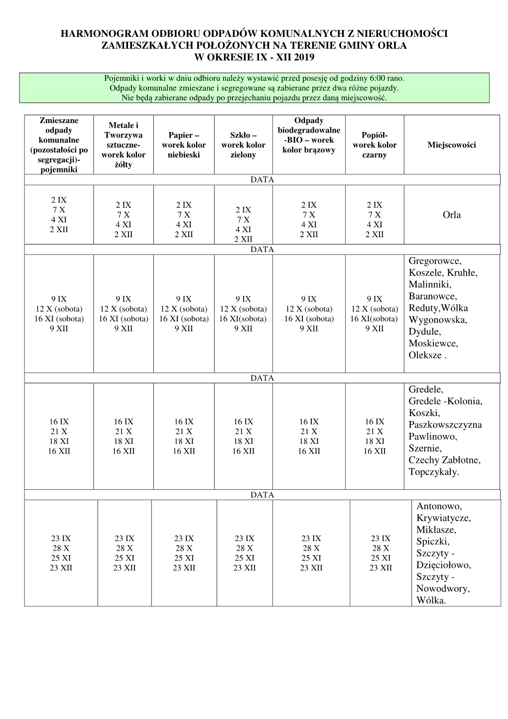 HARMONOGRAM ODBIORU ODPADÓW W GMINIE ORLA Na