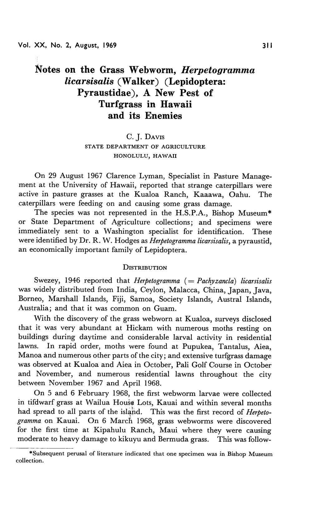 Notes on the Grass Webworm, Herpetogramma Licarsisalis (Walker) (Lepidoptera: Pyraustidae), a New Pest of Turfgrass in Hawaii and Its Enemies