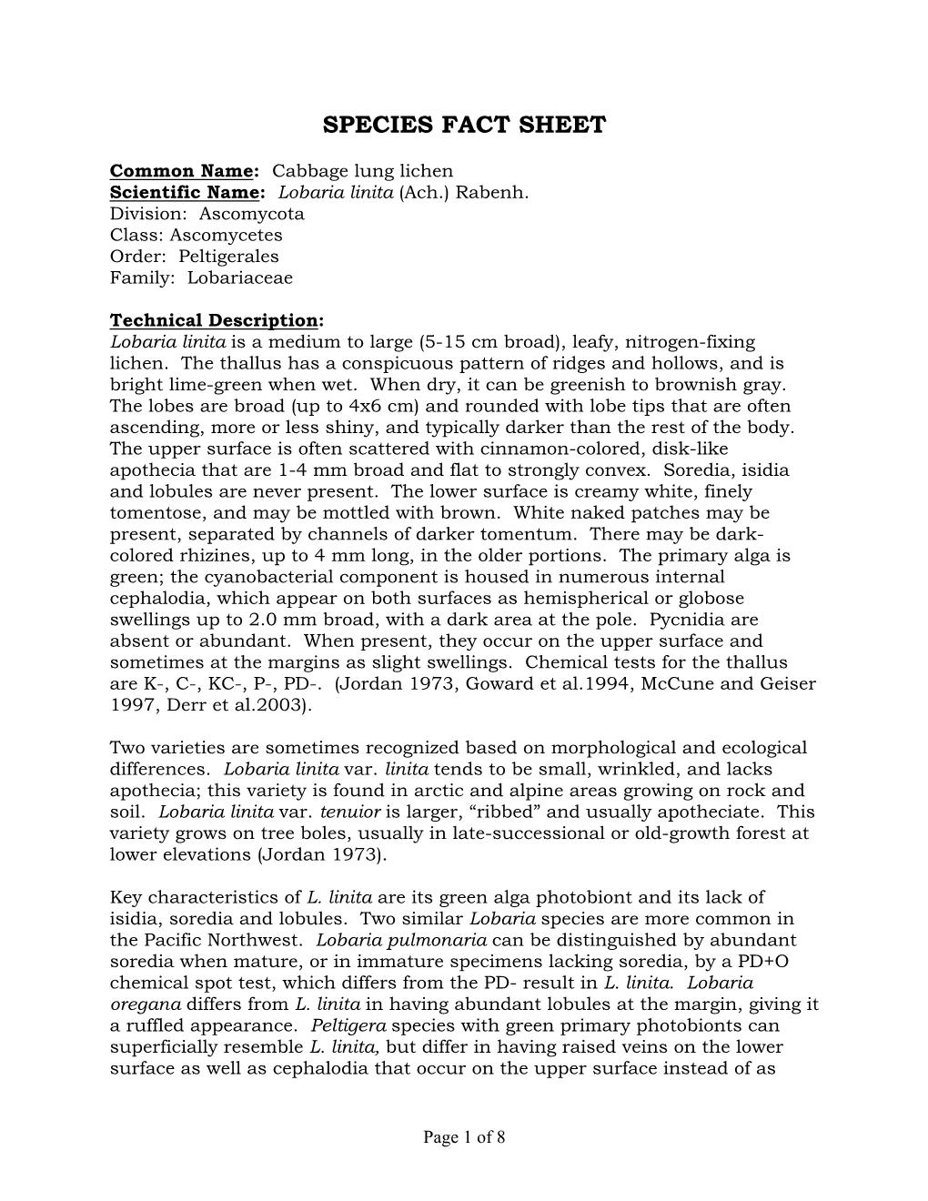 Lobaria Linita Species Fact Sheet