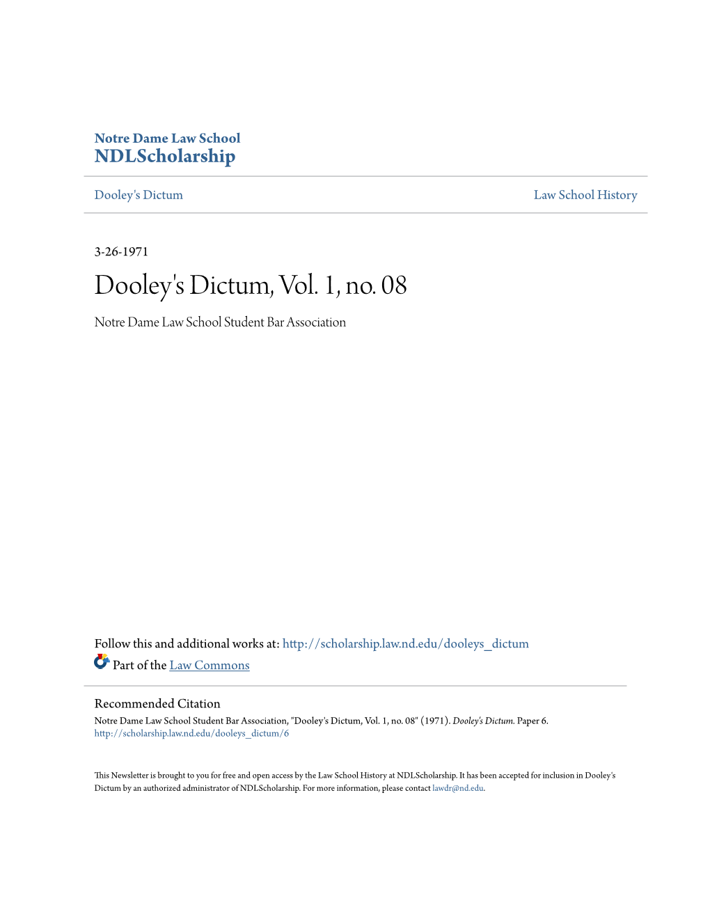 Dooley's Dictum, Vol. 1, No. 08 Notre Dame Law School Student Bar Association