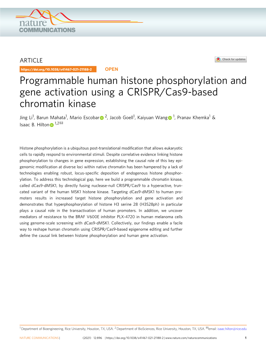 Programmable Human Histone Phosphorylation and Gene Activation Using a CRISPR/Cas9-Based Chromatin Kinase