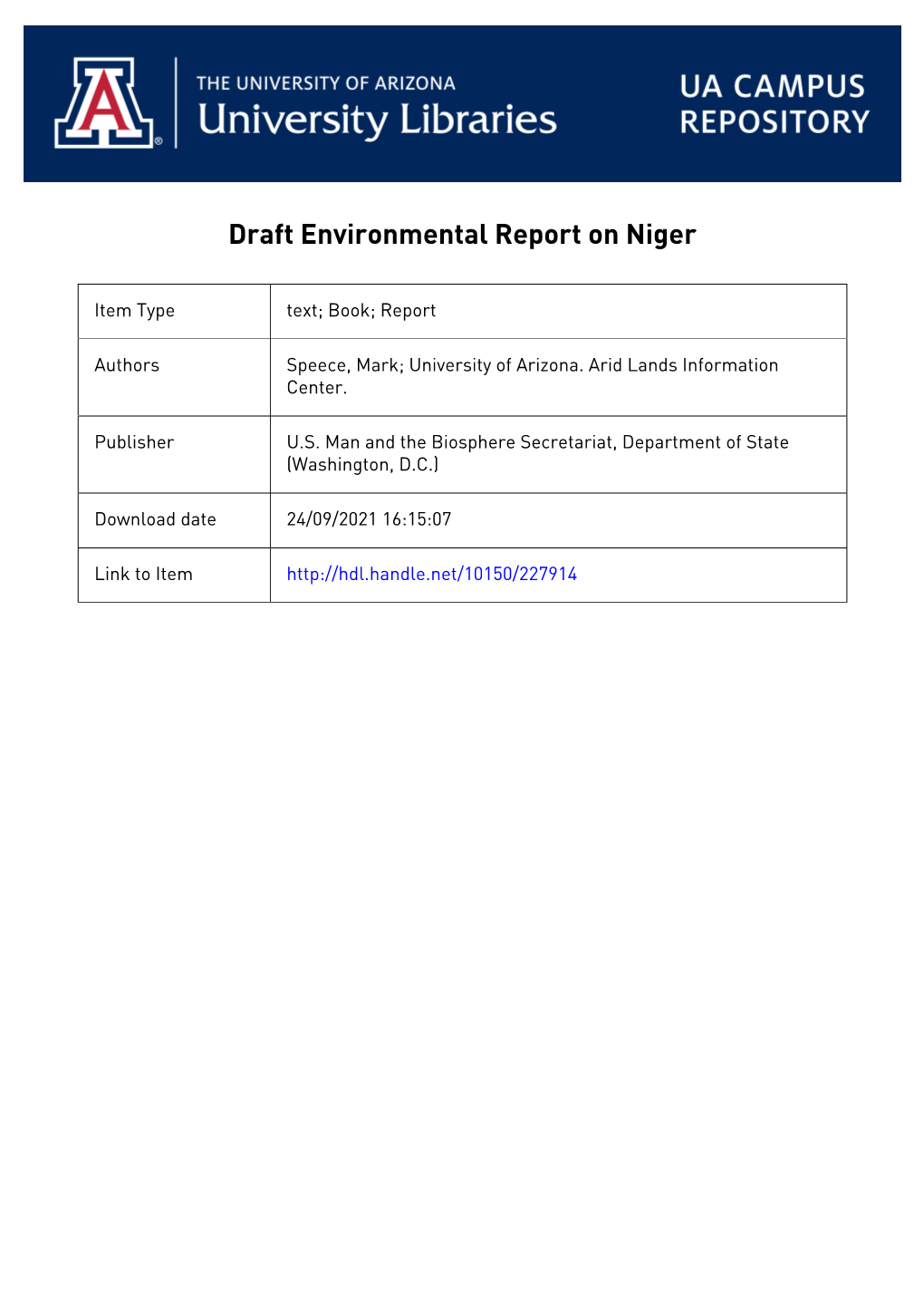 DRAFT ENVIRONMENTAL REPORT NIGER Prepared by the Arid Lands