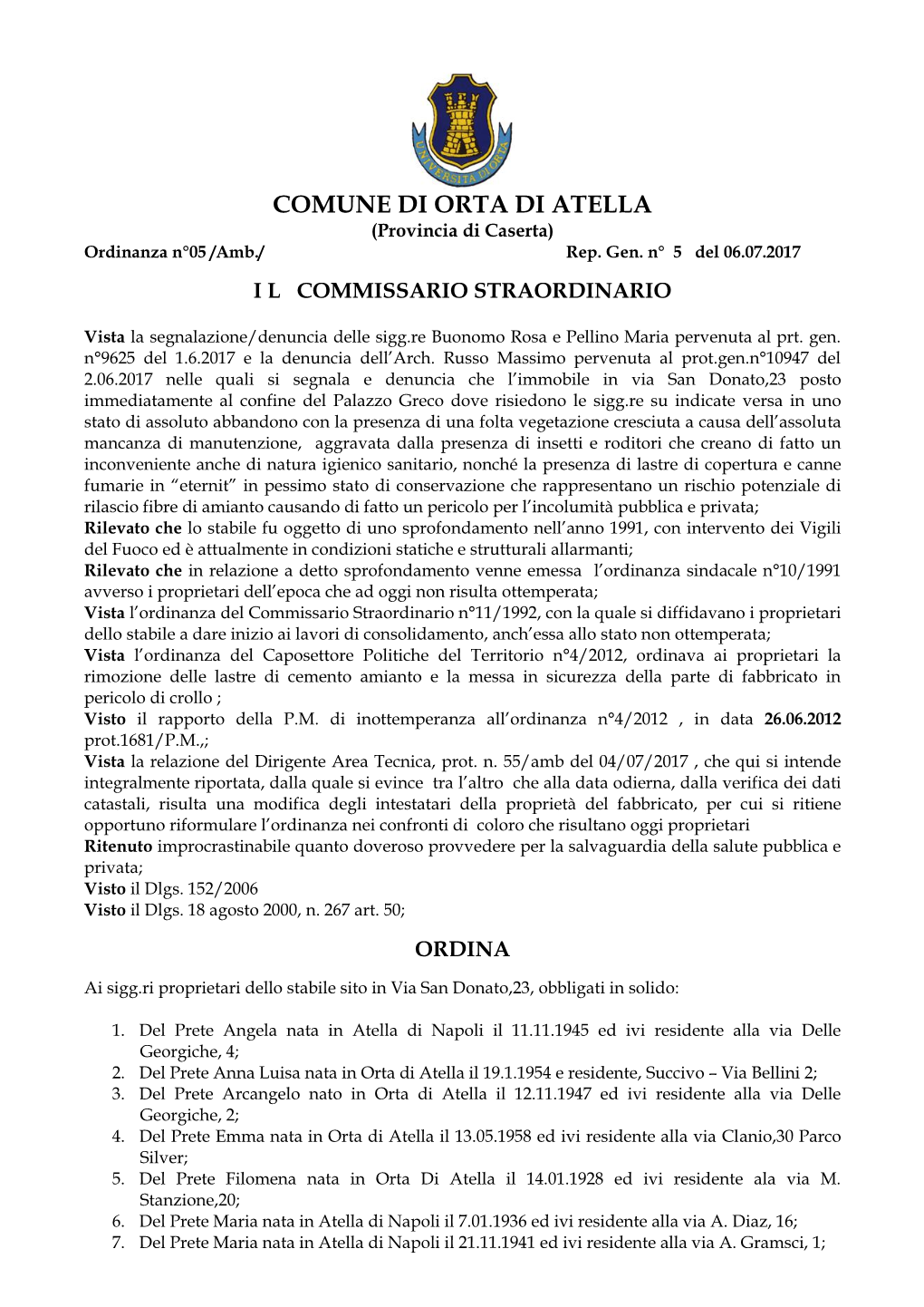 COMUNE DI ORTA DI ATELLA (Provincia Di Caserta) Ordinanza N°05 /Amb./ Rep