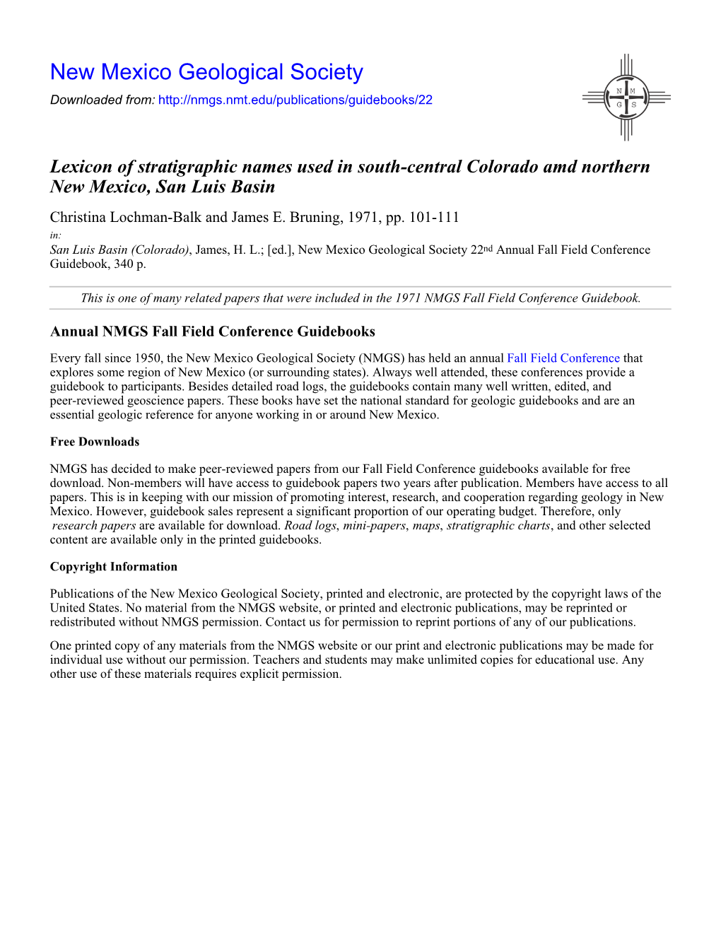 Lexicon of Stratigraphic Names Used in South-Central Colorado Amd Northern New Mexico, San Luis Basin Christina Lochman-Balk and James E