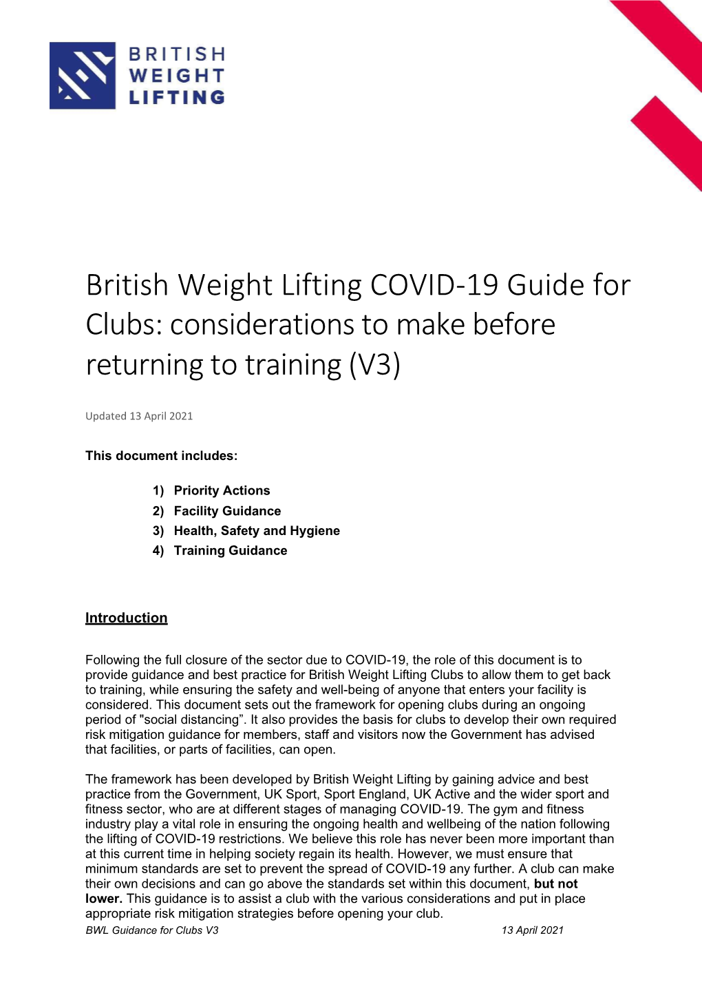 British Weight Lifting COVID-19 Guide for Clubs: Considerations to Make Before Returning to Training (V3)