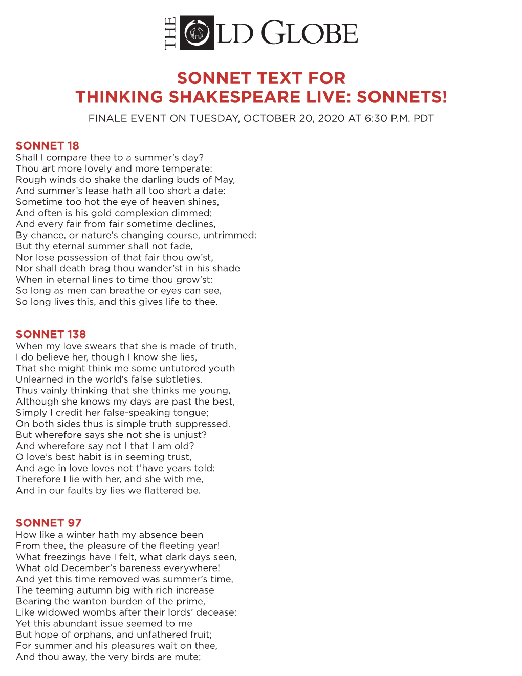 Sonnets! Finale Event on Tuesday, October 20, 2020 at 6:30 P.M