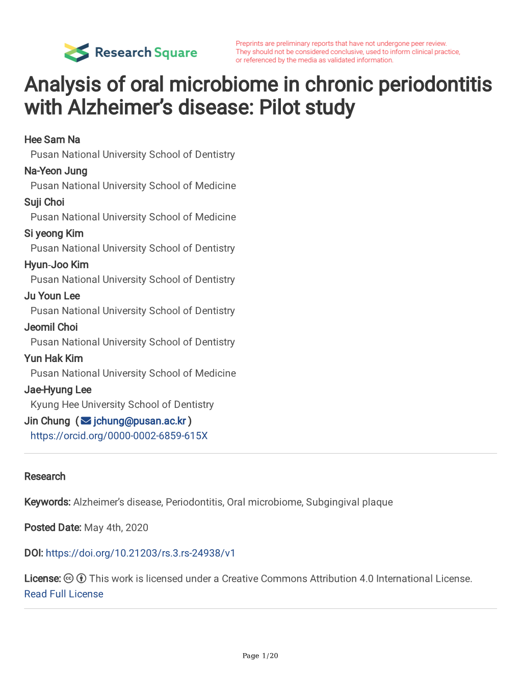 Analysis of Oral Microbiome in Chronic Periodontitis with Alzheimer's Disease