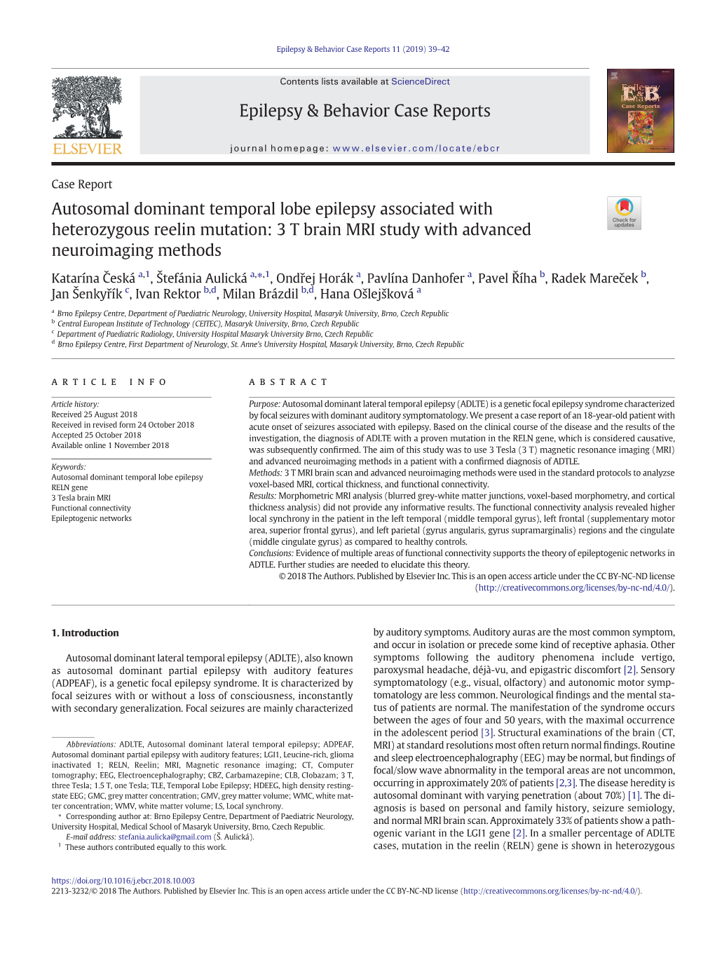 Autosomal Dominant Temporal Lobe Epilepsy Associated with Heterozygous Reelin Mutation: 3 T Brain MRI Study with Advanced Neuroimaging Methods