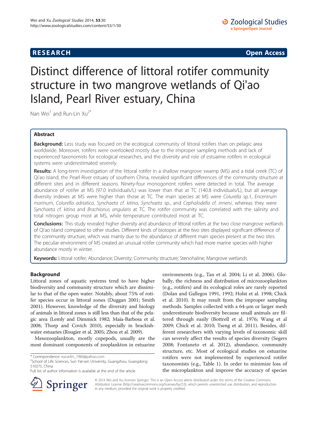Distinct Difference of Littoral Rotifer Community Structure in Two Mangrove Wetlands of Qi'ao Island, Pearl River Estuary, China Nan Wei1 and Run-Lin Xu2*