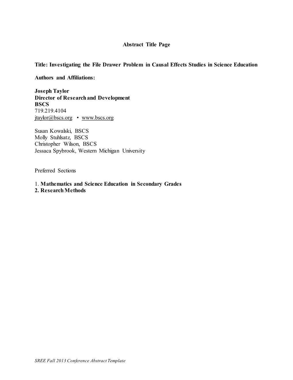 2010 SREE Conference Abstract Template