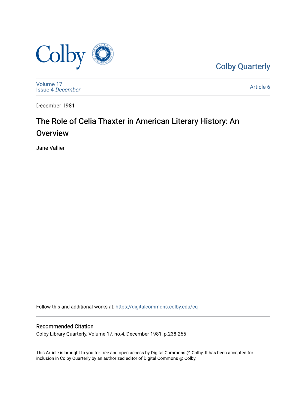 The Role of Celia Thaxter in American Literary History: an Overview