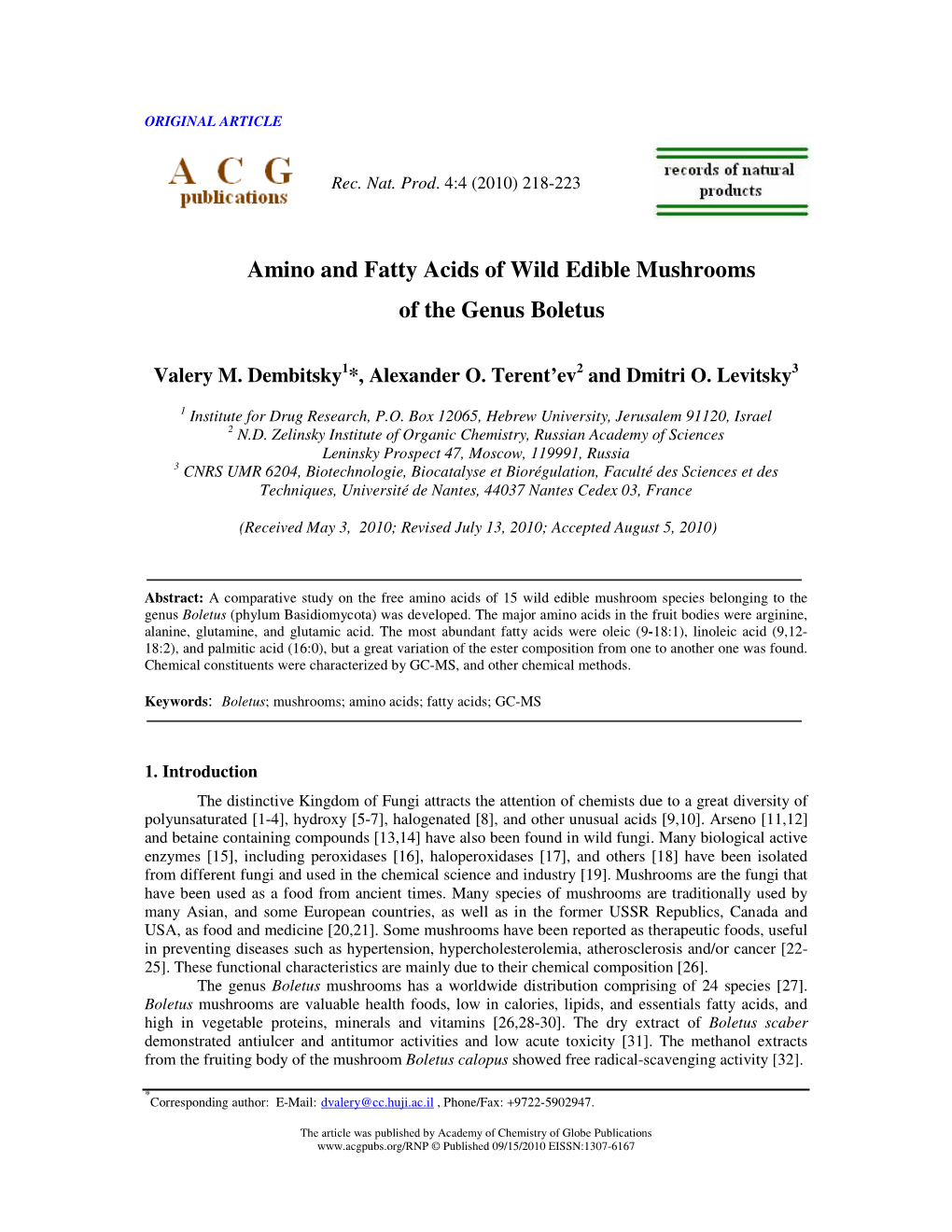 Amino and Fatty Acids of Wild Edible Mushrooms of the Genus Boletus