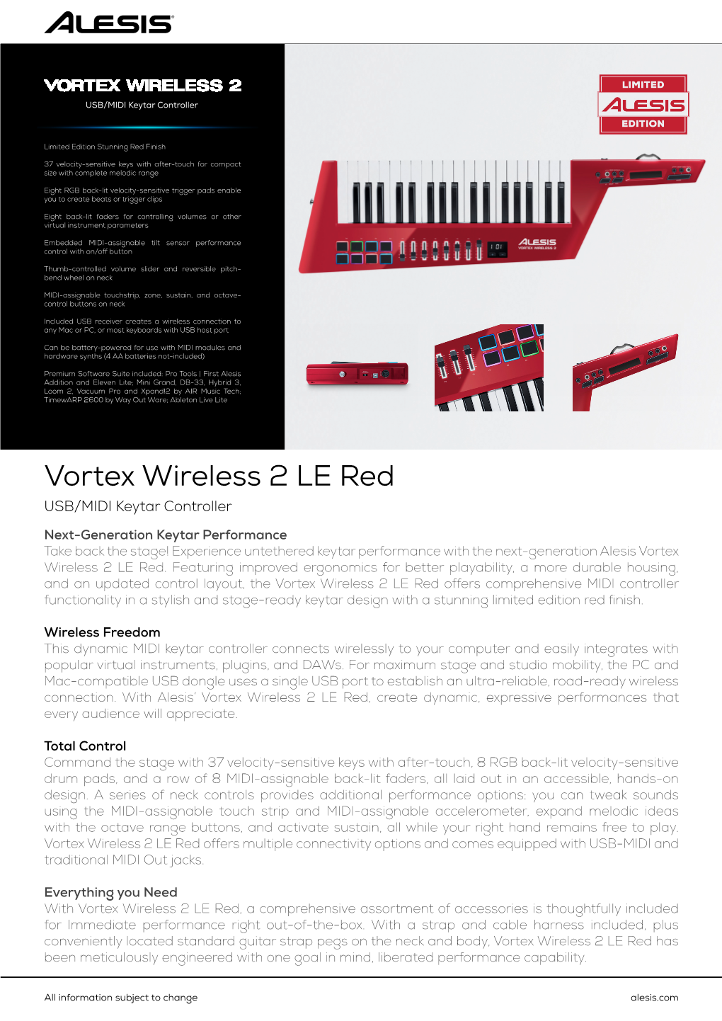 Vortex Wireless 2 LE Red USB/MIDI Keytar Controller