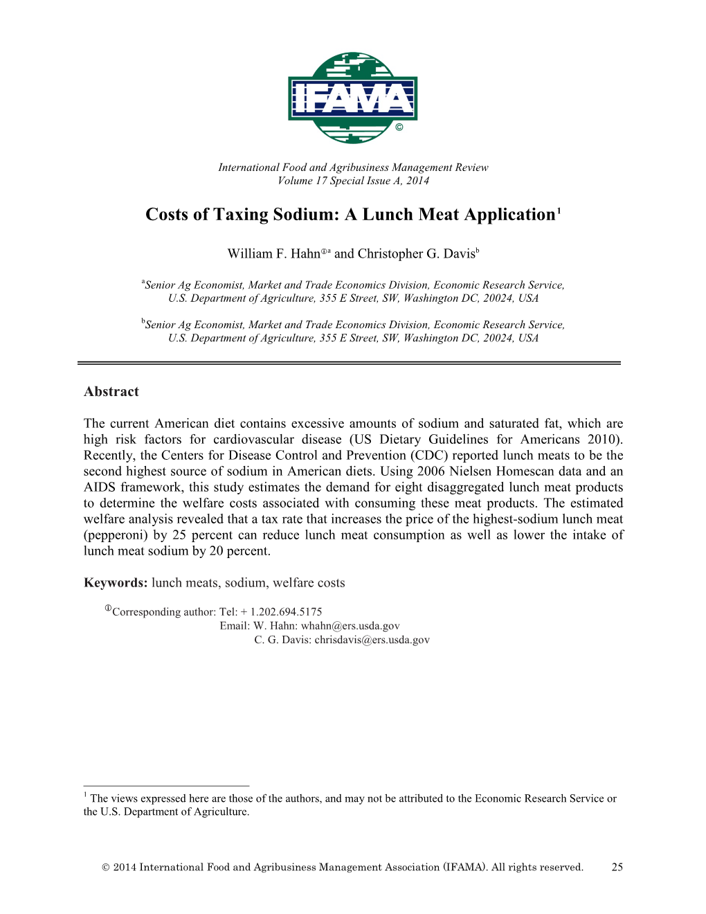 Costs of Taxing Sodium: a Lunch Meat Application1