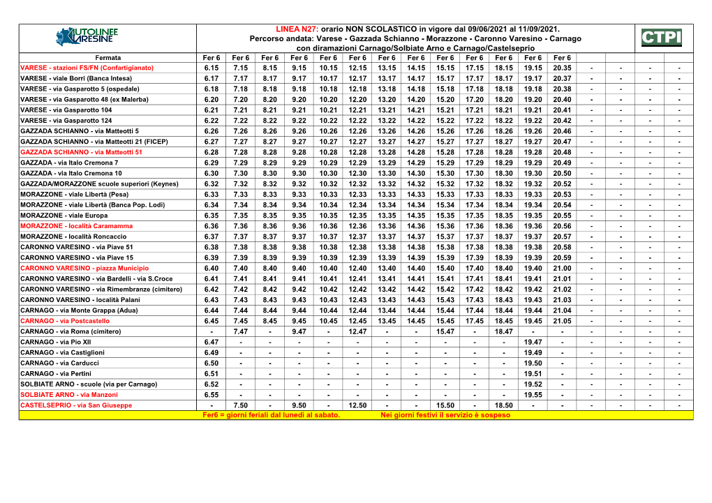 LINEA N27: Orario NON SCOLASTICO in Vigore Dal 09/06/2021 Al 11/09/2021