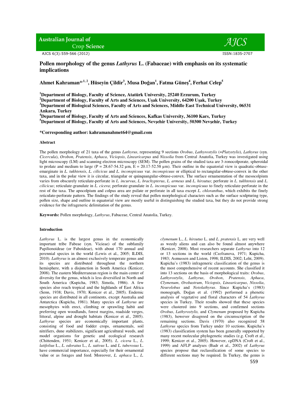 Pollen Morphology of the Genus Lathyrus L. (Fabaceae) with Emphasis on Its Systematic Implications