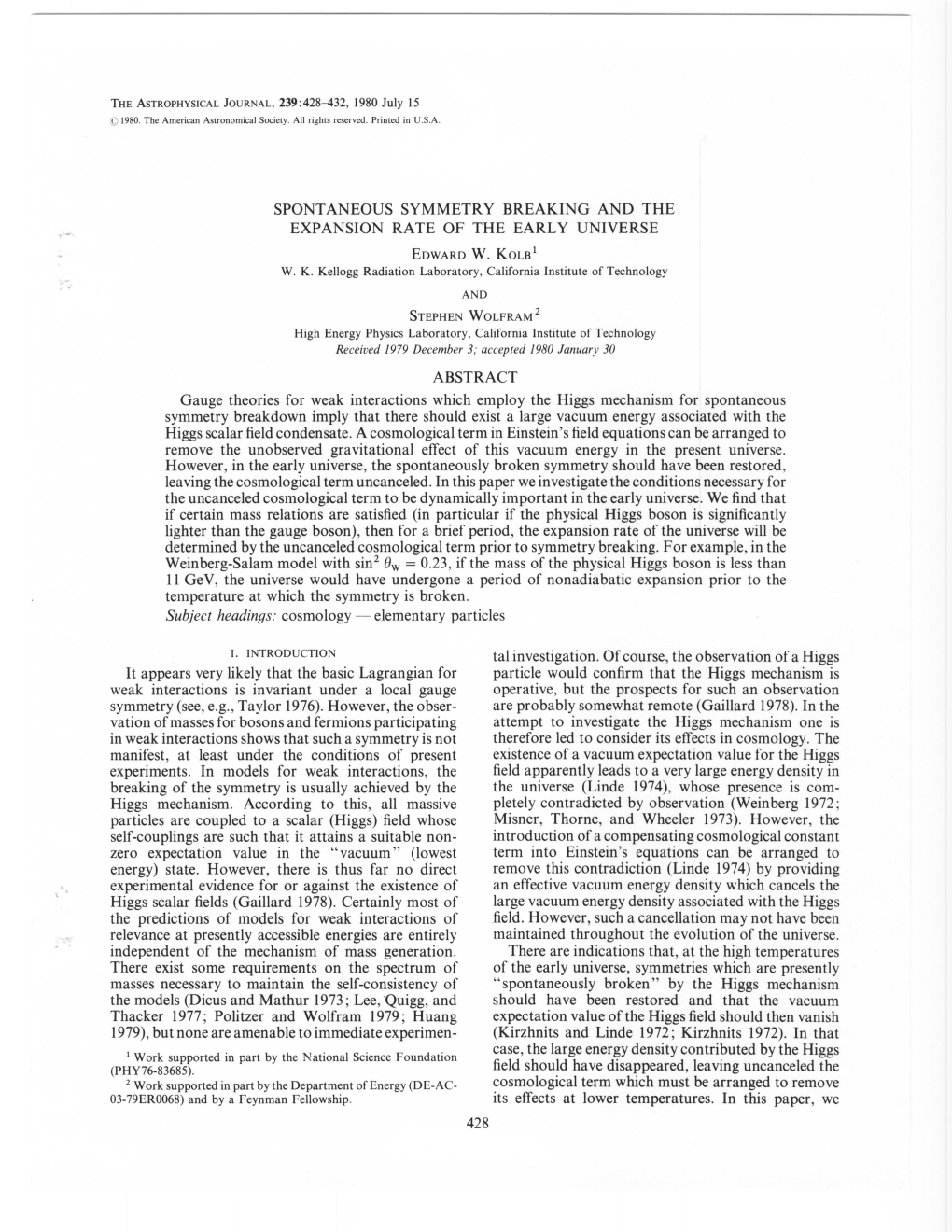 Spontaneous Symmetry Breaking and the Expansion Rate of the Early Universe