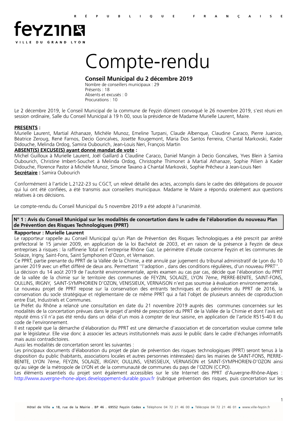 Compte-Rendu Conseil Municipal Du 2 Décembre 2019 Nombre De Conseillers Municipaux : 29 Présents : 18 Absents Et Excusés : 0 Procurations : 10