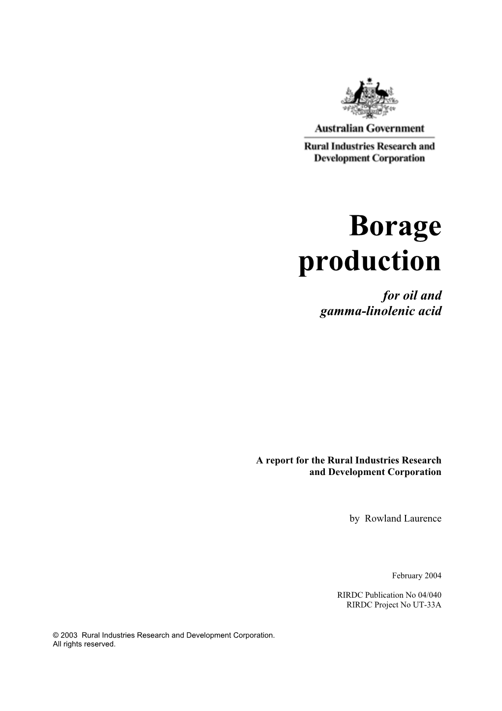 Borage Production for Oil and Gamma-Linolenic Acid