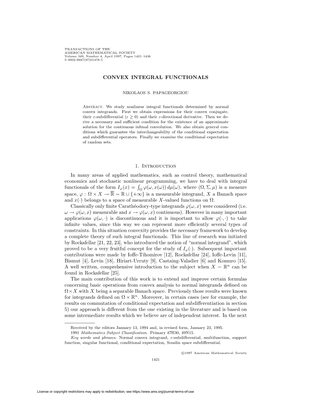 Convex Integral Functionals 1