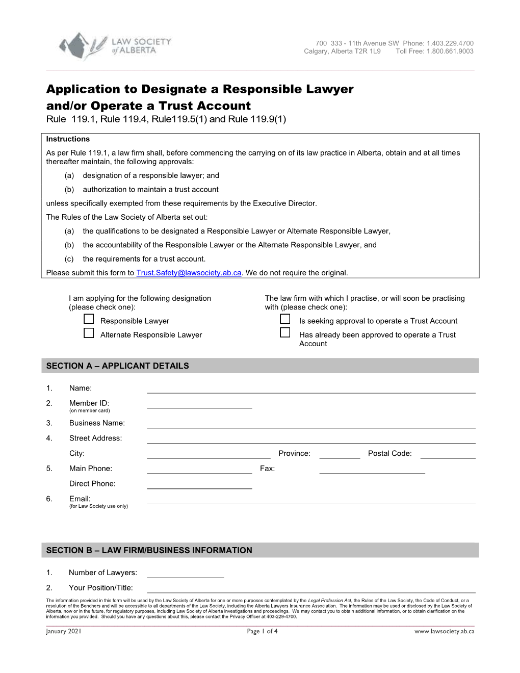 Application to Designate a Responsible Lawyer and Operate A