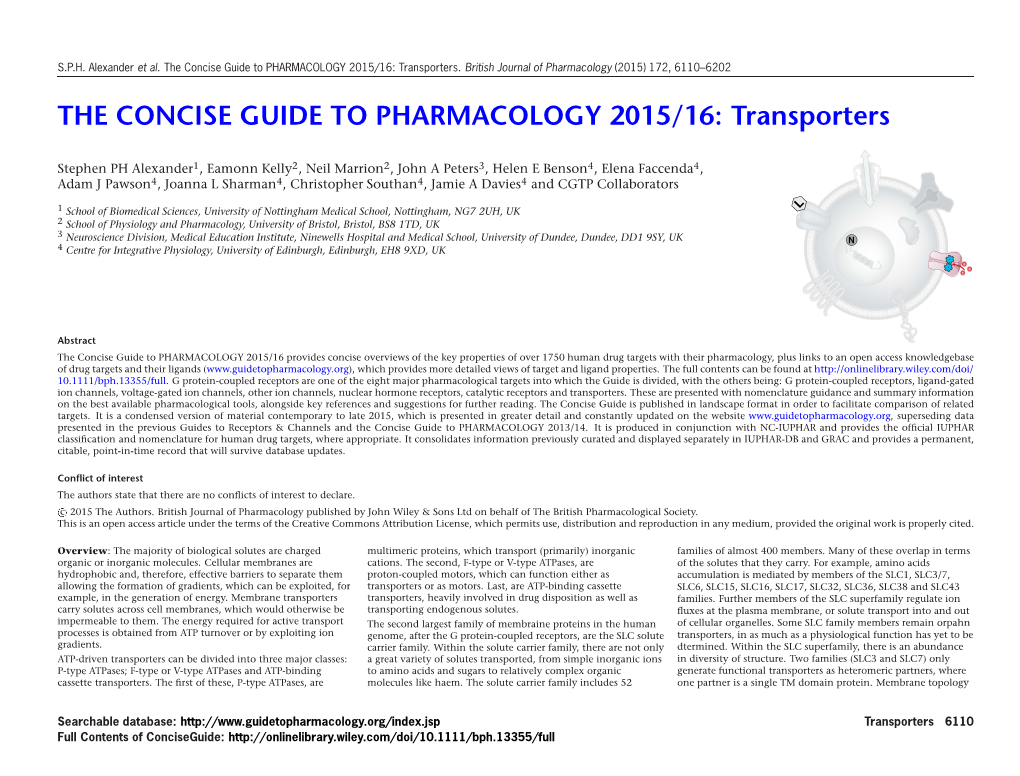 The Concise Guide to PHARMACOLOGY 2015/16: Transporters