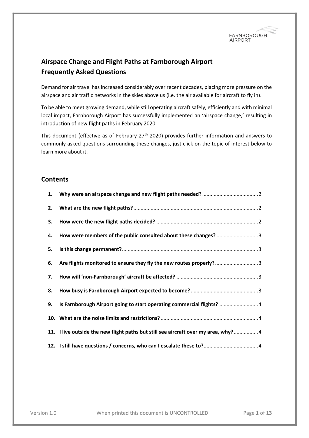 Airspace Change and Flight Paths at Farnborough Airport Frequently Asked Questions Contents