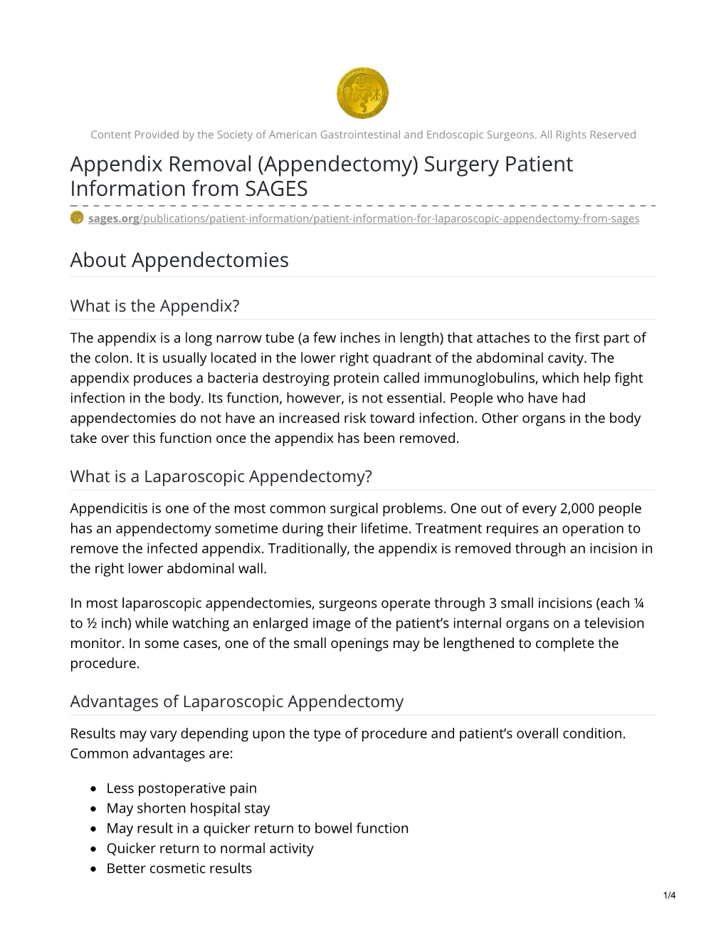 Appendix Removal (Appendectomy) Surgery Patient Information from SAGES