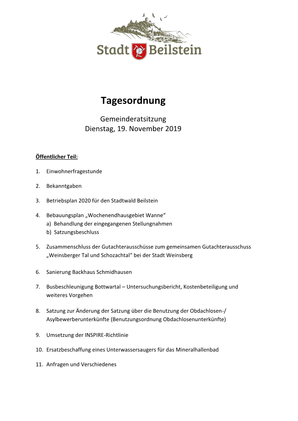 Gemeinderatsitzung Dienstag, 19. November 2019