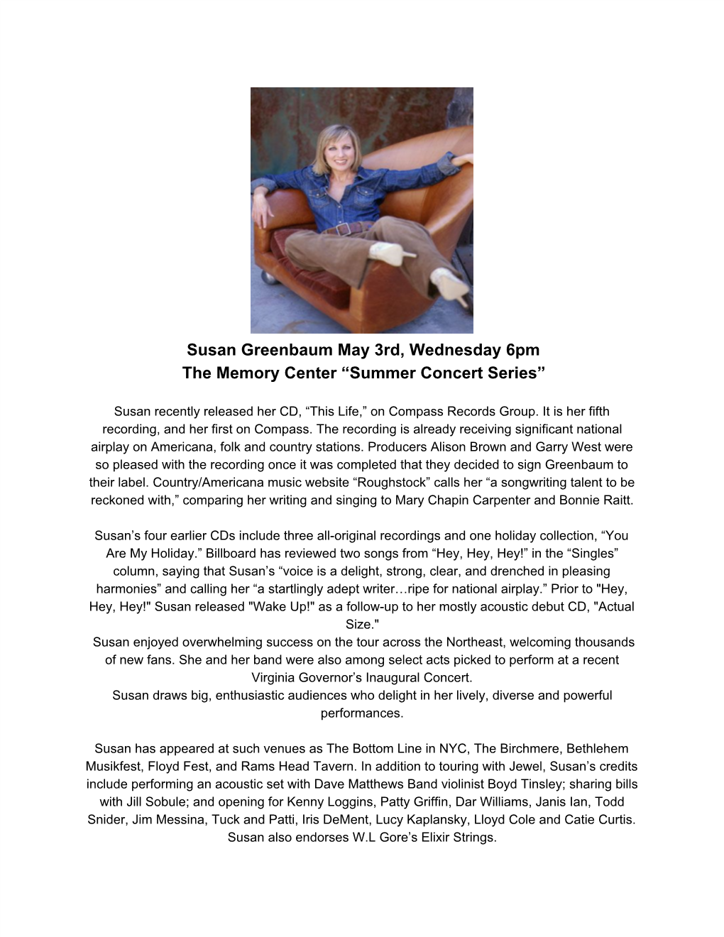 ​Susan Greenbaum May 3Rd, Wednesday 6Pm the Memory Center