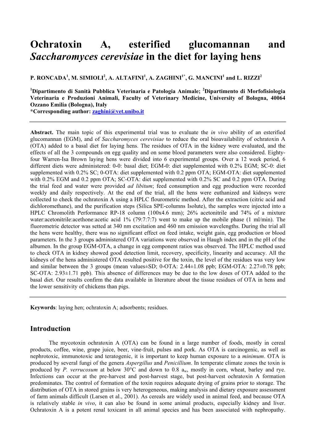 Ochratoxin A, Esterified Glucomannan and Saccharomyces Cerevisiae in the Diet for Laying Hens