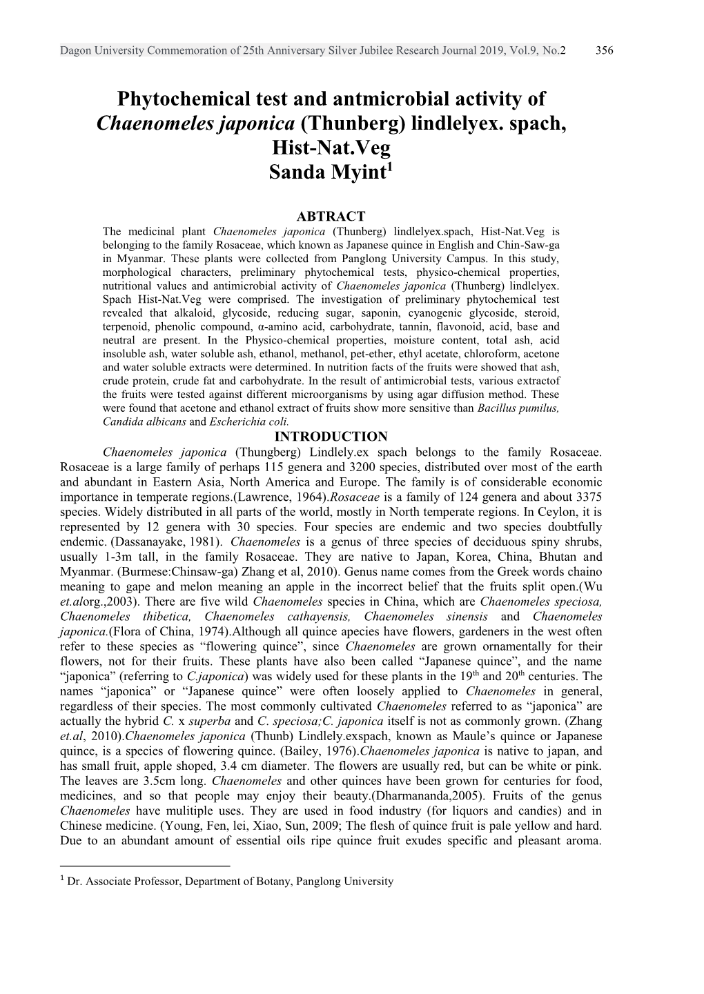 Phytochemical Test and Antmicrobial Activity of Chaenomeles Japonica (Thunberg) Lindlelyex