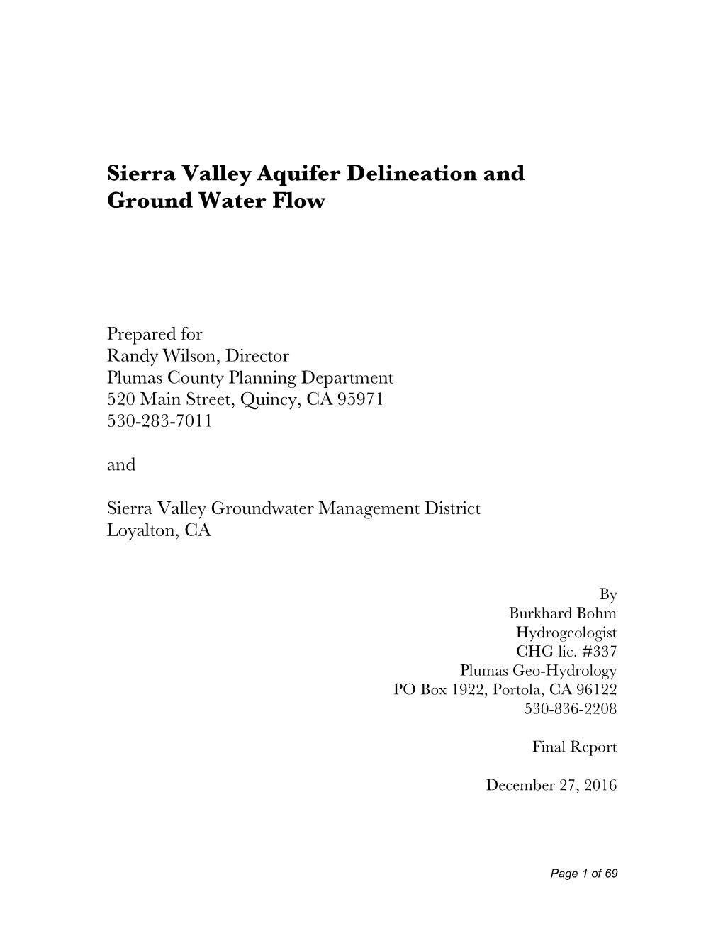 Sierra Valley Aquifer Delineation and Ground Water Flow