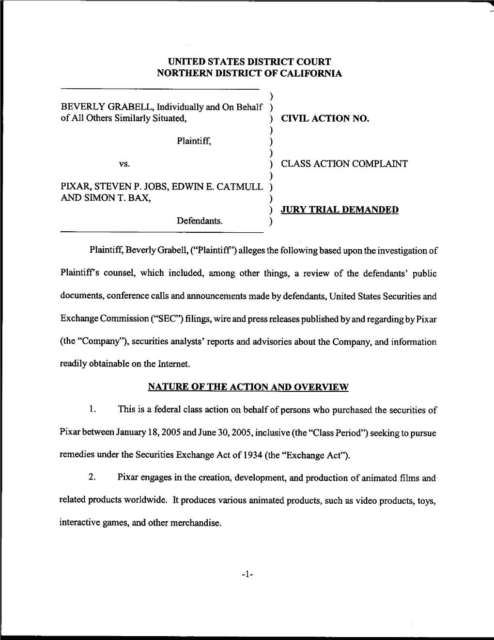 Beverly Grabell, Et Al. V. Pixar, Et Al. Grabell-Class Action Complaint