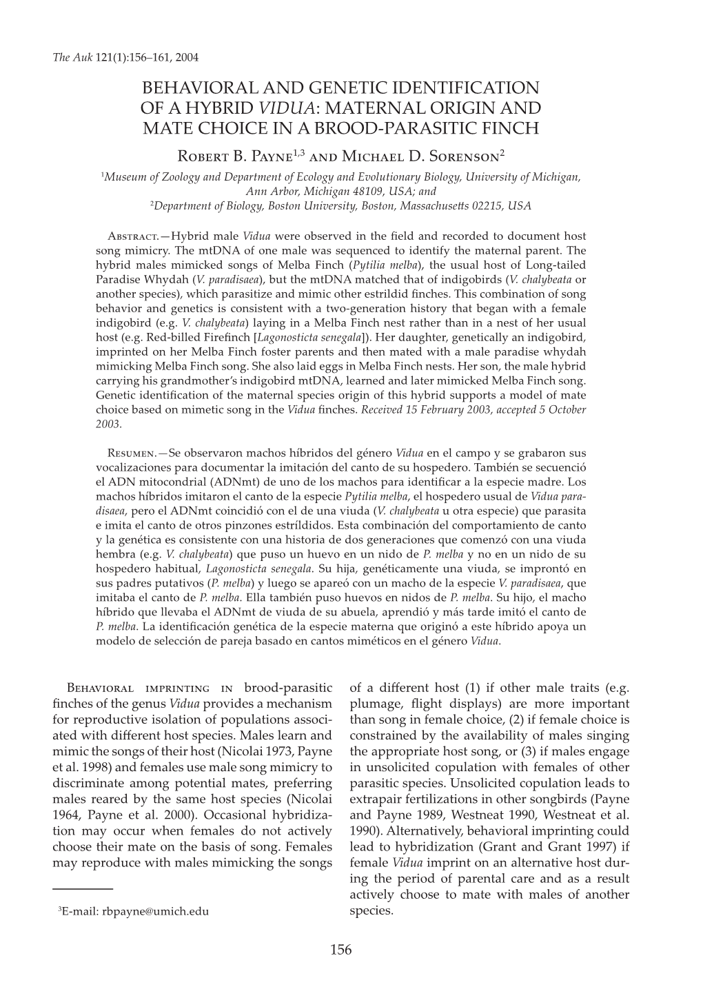 BEHAVIORAL and GENETIC IDENTIFICATION of a HYBRID VIDUA: MATERNAL ORIGIN and MATE CHOICE in a BROOD-PARASITIC FINCH R�G��� B