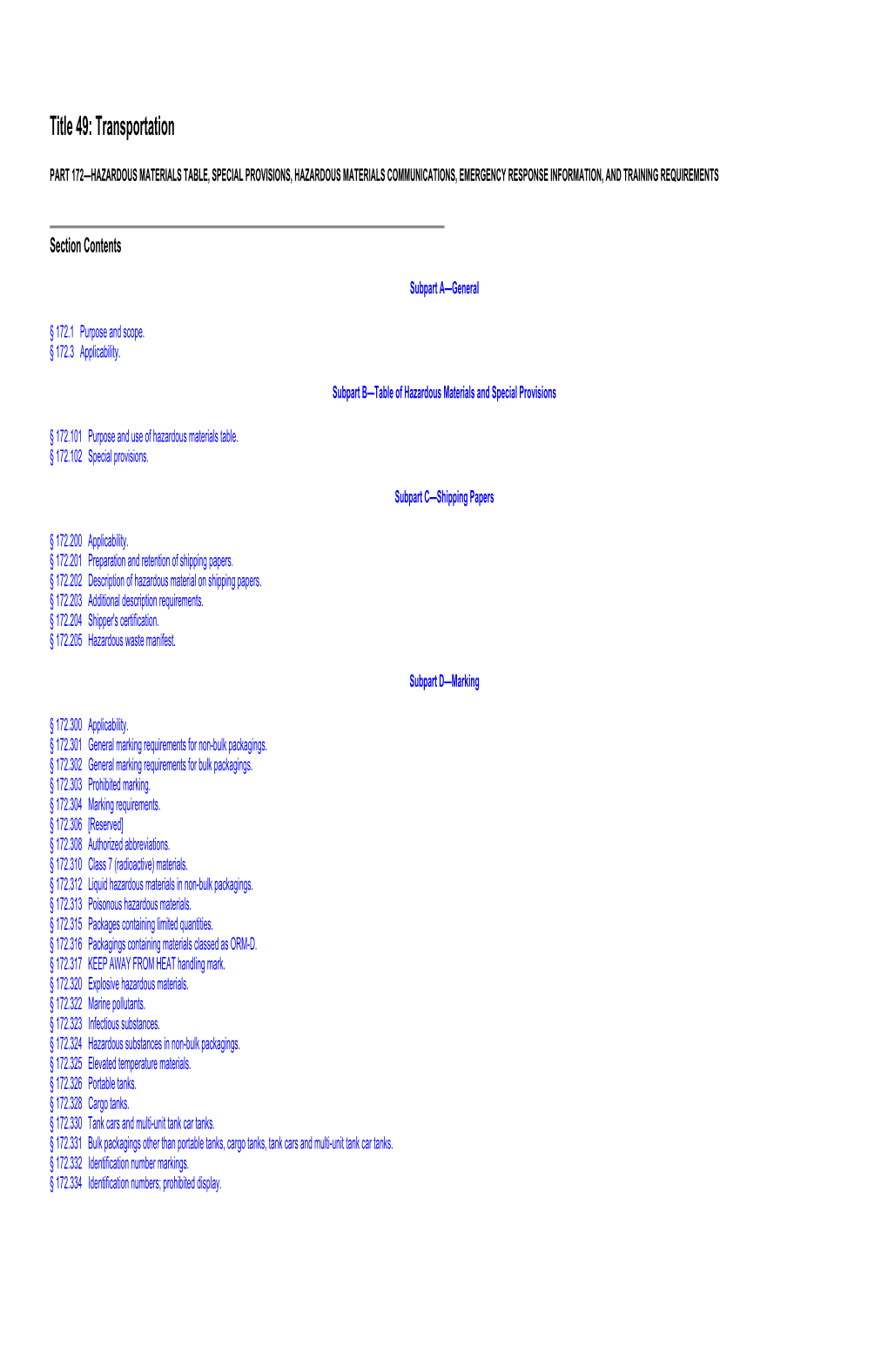 Part 172—Hazardous Materials Table, Special Provisions, Hazardous Materials Communications, Emergency Response Information, and Training Requirements