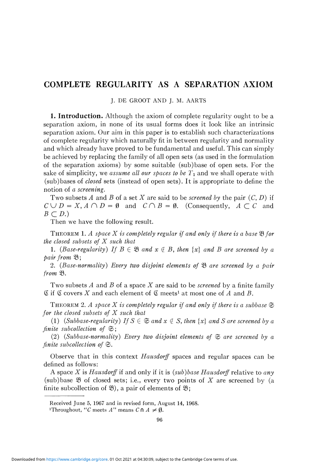 Complete Regularity As a Separation Axiom