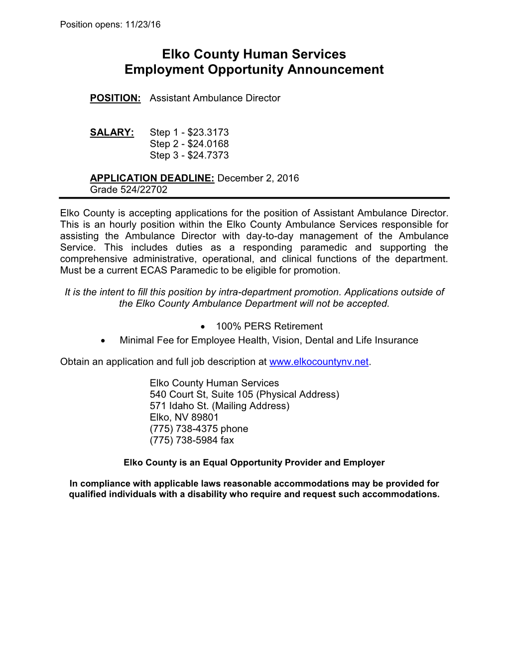 Elko County Human Services Employment Opportunity Announcement