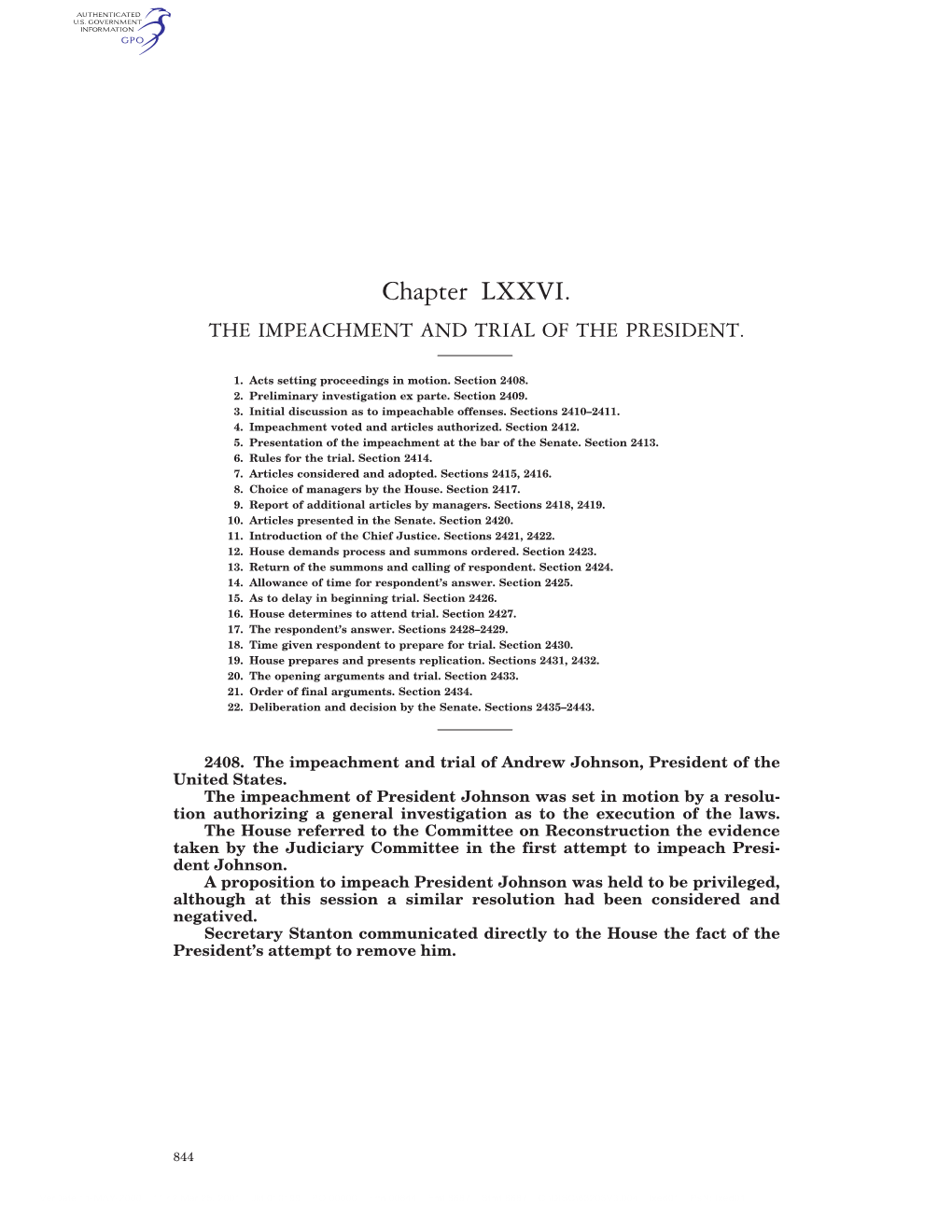 Chapter LXXVI. the IMPEACHMENT and TRIAL of the PRESIDENT