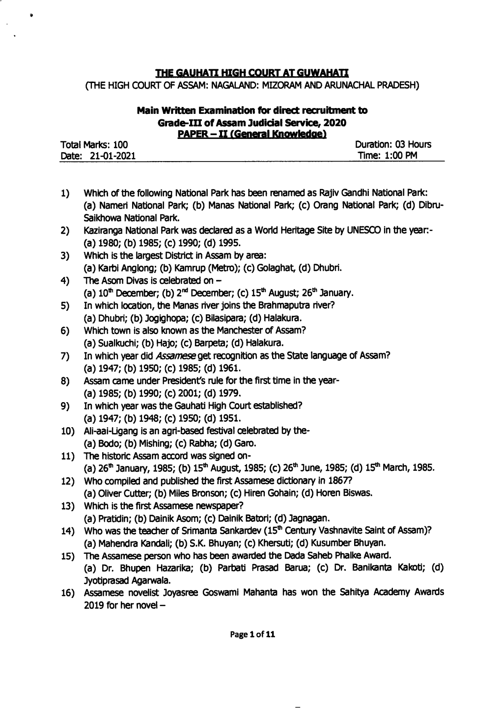 Gradeiii of Assam Ludicial Sewirp, 2O2A PAPER - II (General Knowhdoer Totaltvlarls: 100 Durauon: 03 Hours Date: 21{1-2021 Time: 1:00 PM