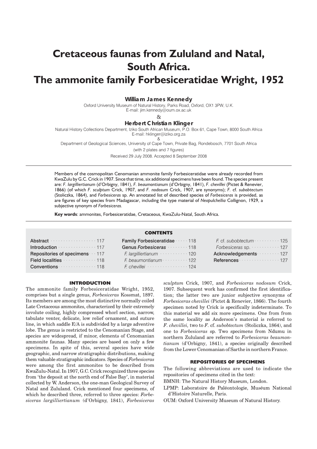 Cretaceous Faunas from Zululand and Natal, South Africa. the Ammonite Family Forbesiceratidae Wright, 1952