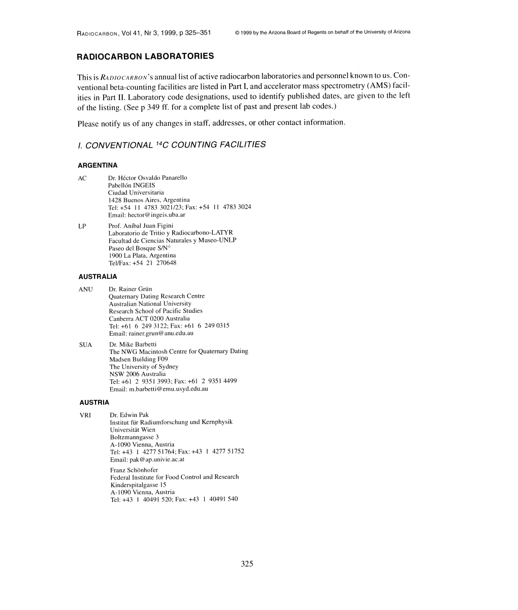 Radiocarbon Laboratories 1. Conventional 14C Counting