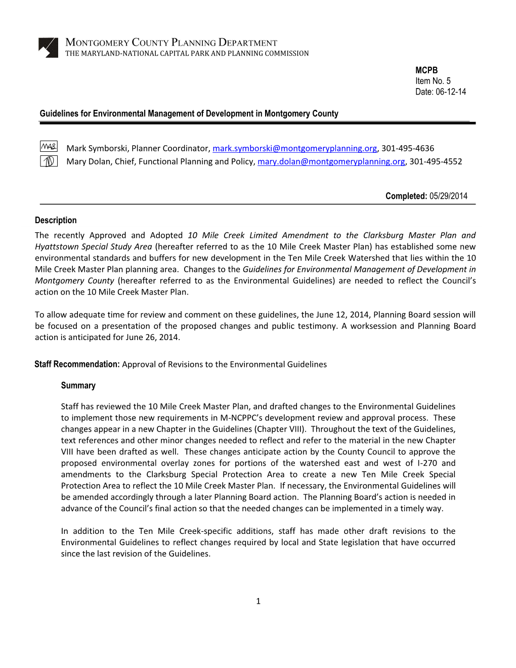 Guidelines for Environmental Management of Development in Montgomery County