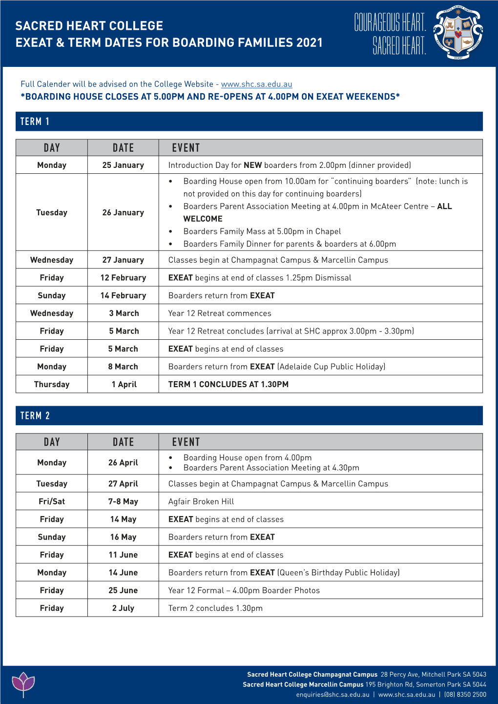 Sacred Heart College Exeat & Term Dates for Boarding Families 2021